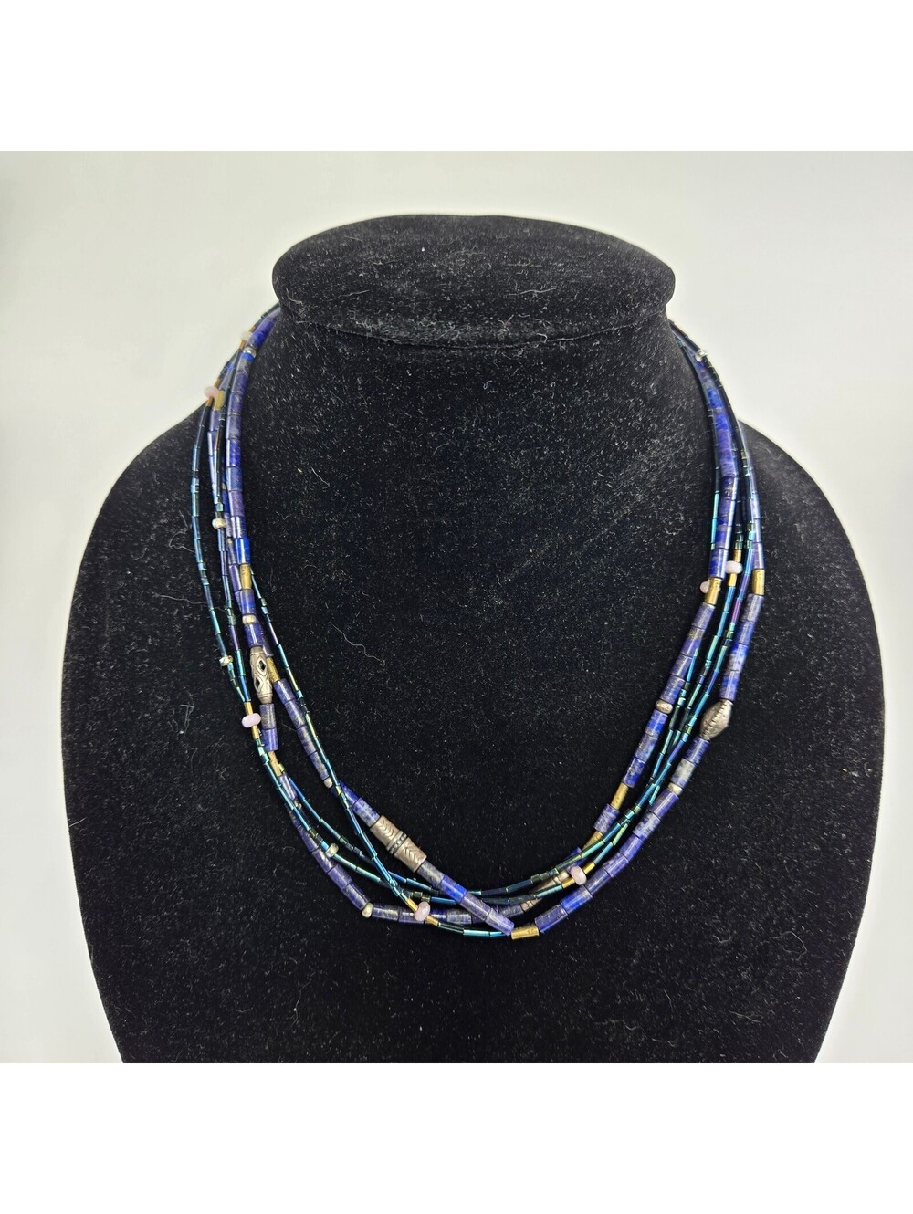 Silpada Multi Strand Lapis Lazuli Hematite Beaded Necklace Sterling Silver Blue